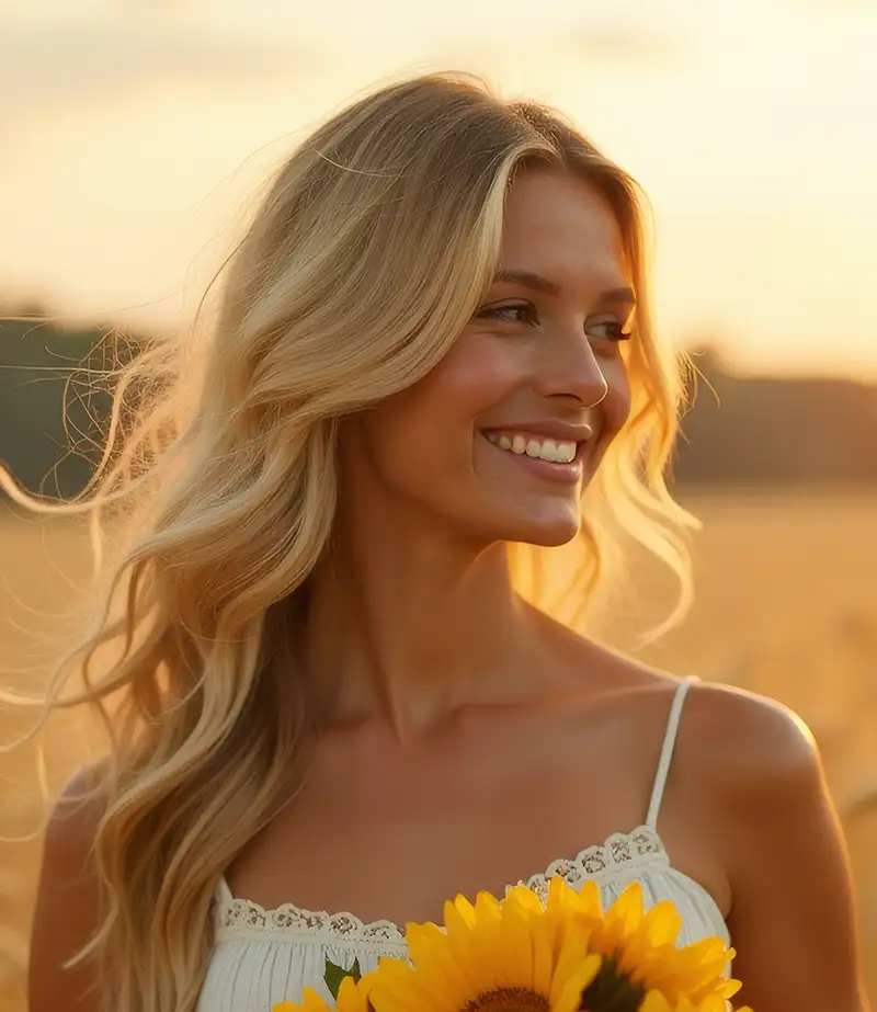 Blonde Haarfarbe mit natürlichen Highlights, professionell gestylt beim Friseur